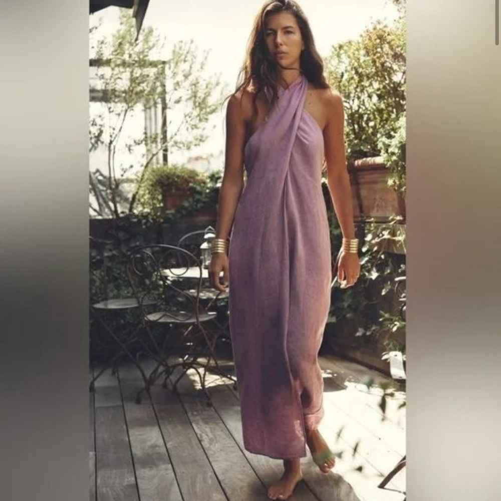 Zara purple linen halter neck maxi dress XS